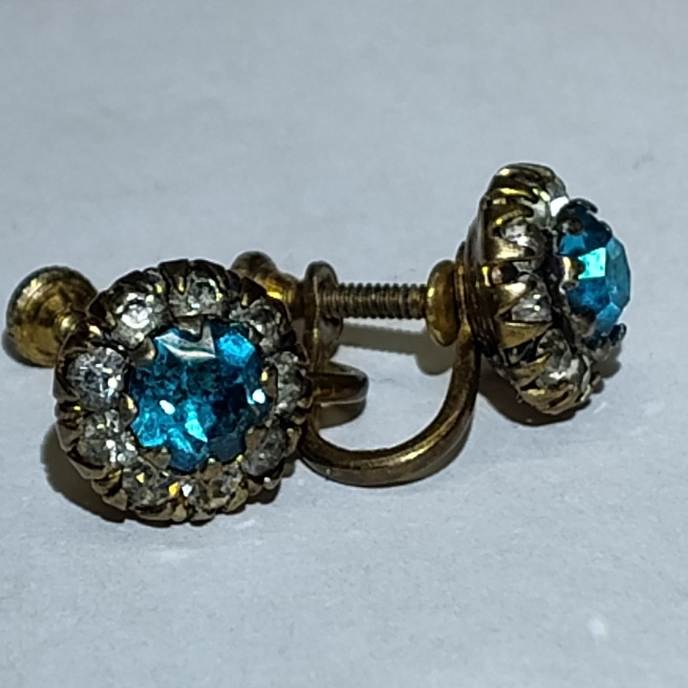 Vintage gold tone sterling blue and clear stone screw back earrings